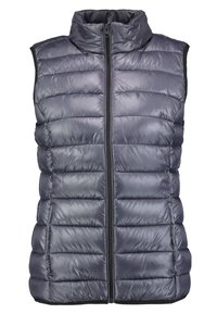 Puffig ärmlös väst i mörkgrått med vadderad design och hög krage. Har en dragkedja fram och elastiska kanter för en tajt passform.