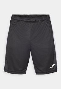 Zwarte sportshorts met een gladde textuur, voorzien van witte zijkanten en een logo op de onderste zoom. Elastische tailleband voor comfort.