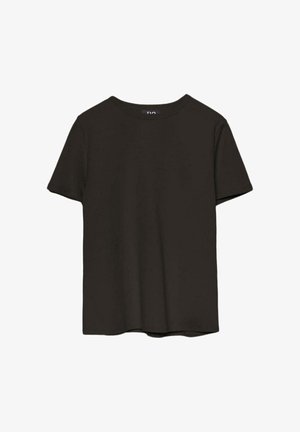 Mustavalkoinen lyhythihainen T-paita, jossa on pyöreä pääntie, esillä valkoista taustaa vasten.