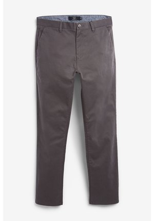 Chinos en coton gris avec une coupe droite, dotés d'une fermeture à bouton, de passants de ceinture et d'une taille intérieure à motif bleu.