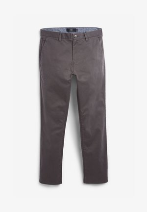 Chinos en coton gris avec une coupe droite, dotés d'une fermeture à bouton, de passants de ceinture et d'une taille intérieure à motif bleu.