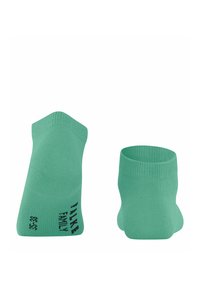Jasnozielone skarpetki do kostek wykonane z miękkiego materiału mają prążkowany ściągacz i czarny nadruk po boku. Prosty i funkcjonalny design.