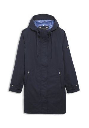 Navy water-resistant coat with a hood, front zipper pockets, adjustable drawstrings, and a smooth inner lining. Features minimal hardware accents.