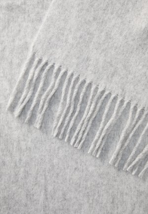 Gray wool scarf featuring a soft texture, frayed edges, and a uniform finish, measuring approximately 60 inches in length.