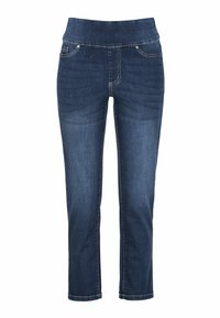 Mörkblå denimjeans med hög midja, slim fit genom benen, femficksdesign och kontrasterande sömdetaljer.
