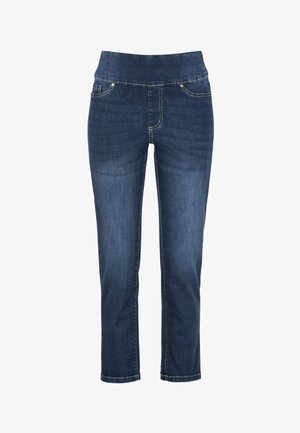 Dunkelblaue Jeans aus Denim mit hohem Bund, enger Passform an den Beinen, Fünf-Taschen-Design und kontrastierenden Nähdetails.
