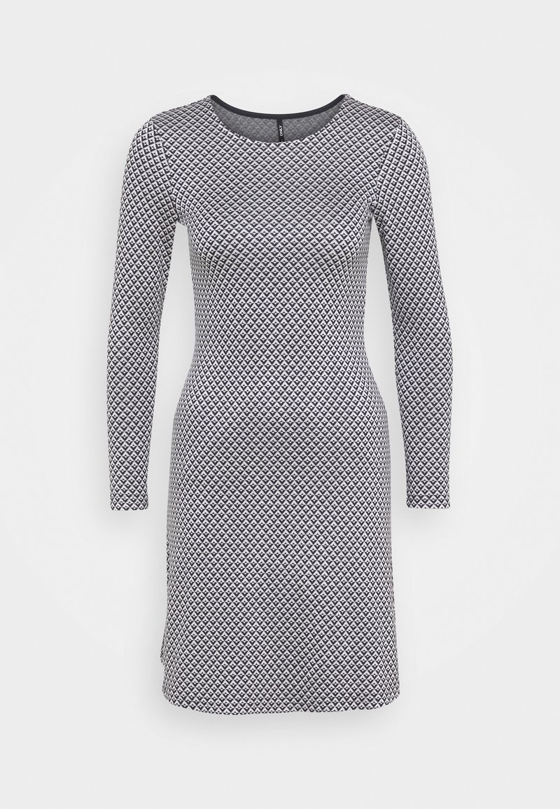 Vestito a maniche lunghe con motivo a diamante in bianco e nero, design aderente con scollo rotondo, texture di tessuto morbido e lunghezza al ginocchio.
