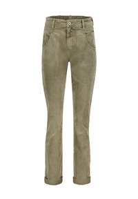 Olivengrønne kordfløjlsbukser med lige snit, fem lommer, bæltestropper i taljen og opkørte manchetter; struktureret stof med fine ribber.