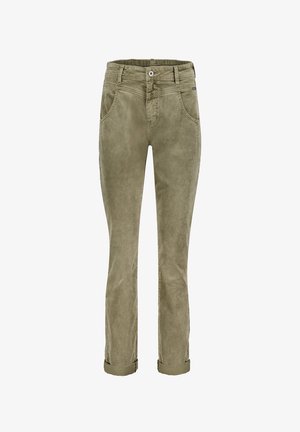 Olivengrønne kordfløjlsbukser med lige snit, fem lommer, bæltestropper i taljen og opkørte manchetter; struktureret stof med fine ribber.