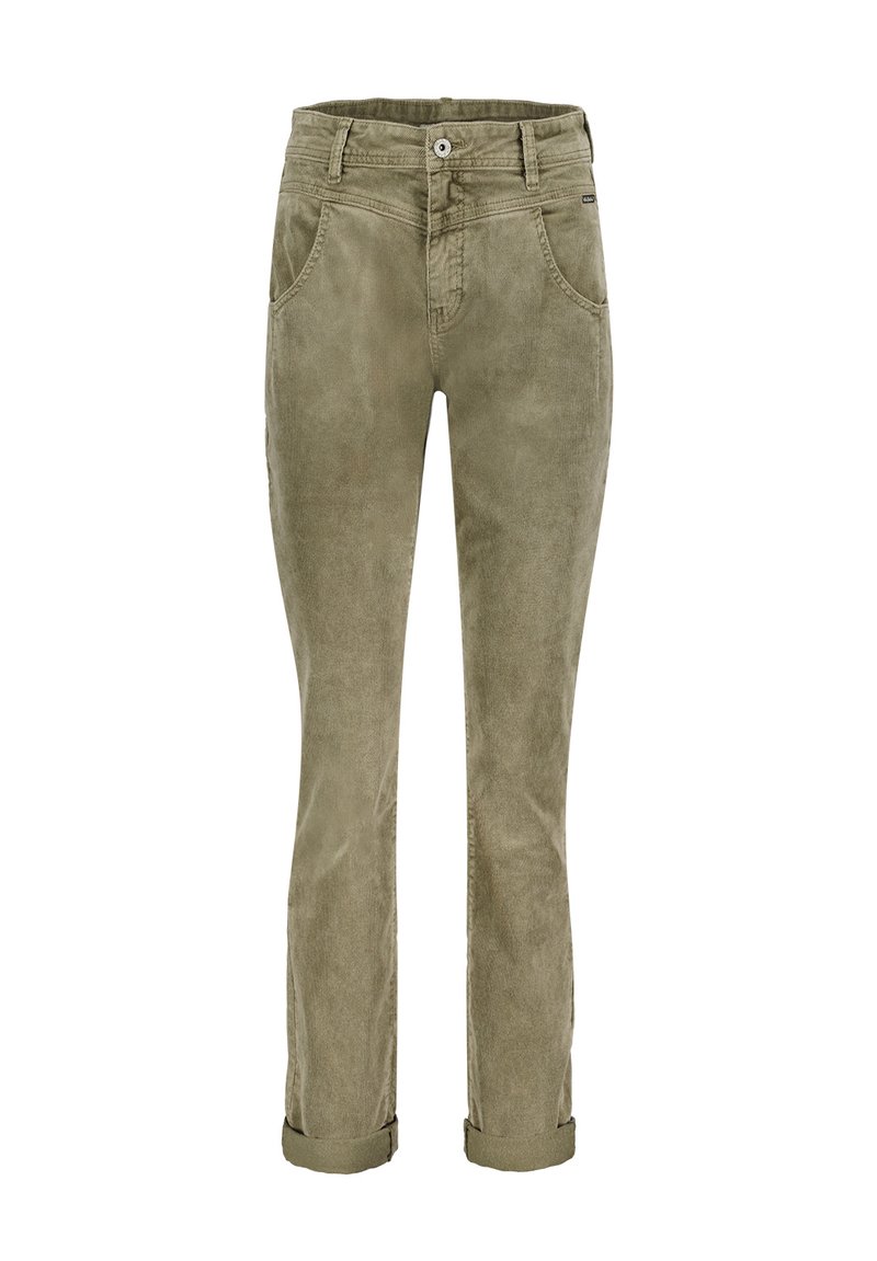 Olivengrønne kordfløjlsbukser med lige snit, fem lommer, bæltestropper i taljen og opkørte manchetter; struktureret stof med fine ribber.