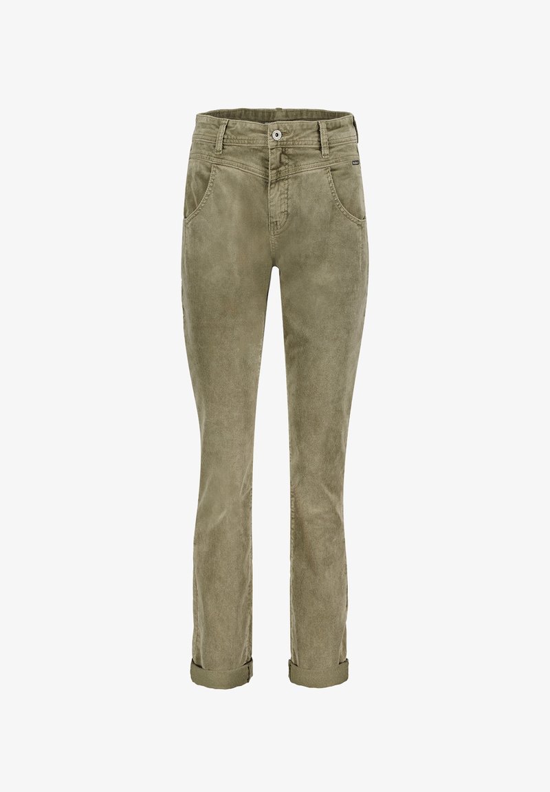 Olivengrønne kordfløjlsbukser med lige snit, fem lommer, bæltestropper i taljen og opkørte manchetter; struktureret stof med fine ribber.