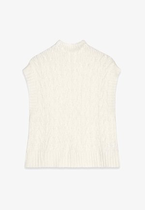 Valge, ilma varrukateta kootud topp, millel on tekstuuriga kaablipattern ja kõrge kaelus, ribakujuline alläär ning pehme akrüülise segu kangas.