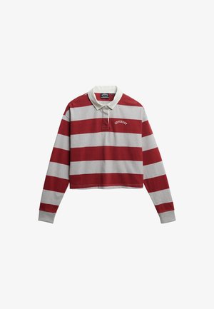Czerwona i szara koszulka polo z długim rękawem w paski, z białym kołnierzykiem, krótki krój oraz haftowane logo „Superdry” na piersi.