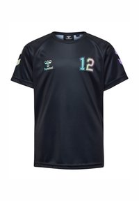 Black sports jersey with short sleeves, hummel logo on left chest, number 12 in blue and pink on right chest, and chevron patterns on sleeves.