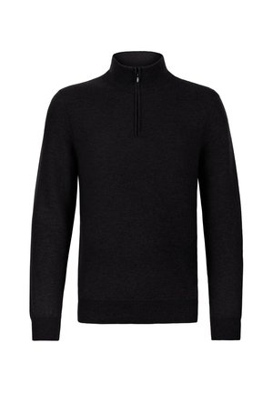 Svart pullover-tröja med halvdragkedjehals, långa ärmar, ribbade muddar och fåll, gjord av ett mjukt, lätt material.