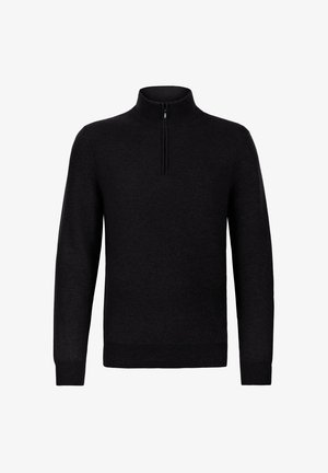 Svart pullover-tröja med halvdragkedjehals, långa ärmar, ribbade muddar och fåll, gjord av ett mjukt, lätt material.