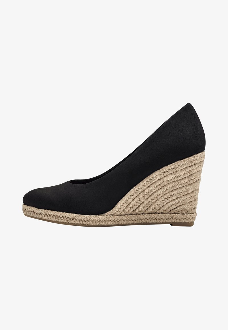 Chaussure à talon compensé noire avec bout arrondi et semelle plateforme en jute tressé.