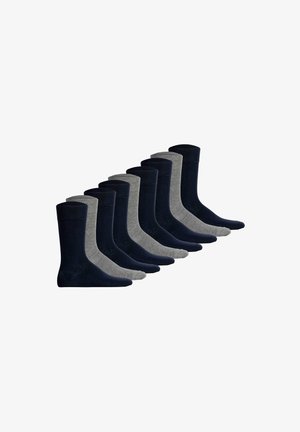 Zehn Paar Socken in Marineblau und Grau. Das Design zeichnet sich durch einen gerippten Bund und eine glatte Textur aus, die sich gut für den täglichen Gebrauch eignet.