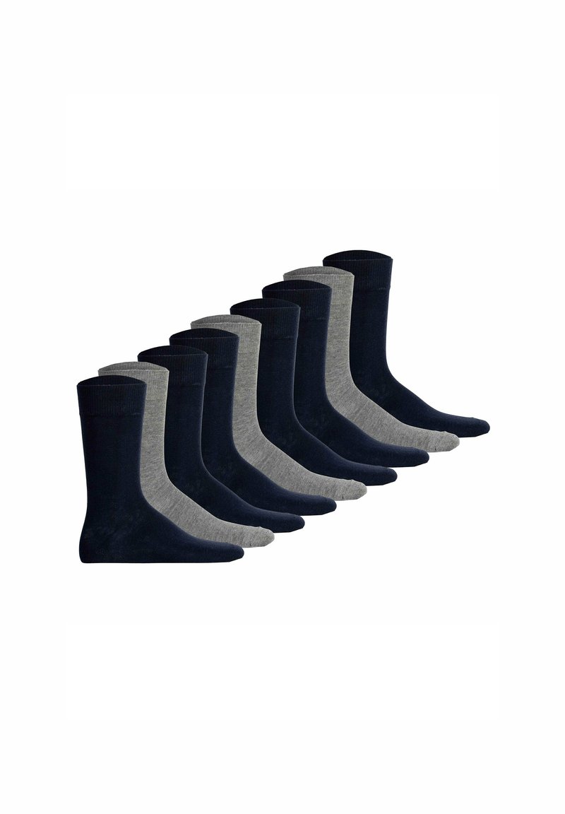 Ti par sokker i marineblå og grå. Designet har en ribbet manchet og en glat tekstur, der er egnet til hverdag.