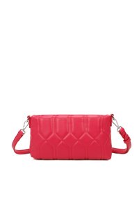 Borsa a tracolla rossa in finta pelle con forma rettangolare, caratterizzata da un motivo esagonale trapuntato e una tracolla regolabile.