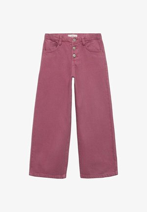 Wijdbenige broek gemaakt van roze katoen met een gestructureerd oppervlak, voorzien van een knoopsluiting aan de voorkant en twee voorzakken.