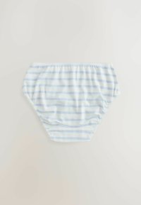 Lichtblauwe katoenen slipjes met horizontale witte strepen, voorzien van een elastische tailleband en gathered zijkanten voor extra comfort.