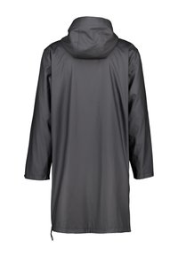 Waterproof gray raincoat with a hood, long sleeves, and snap closures at the wrists. Smooth texture and a straight cut design.