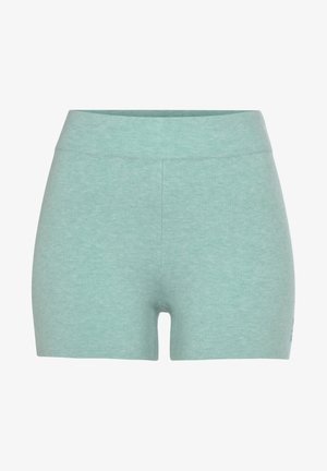 Mint green cotton shorts with a wide stretchy waistband, featuring a fitted design and a smooth, soft texture.