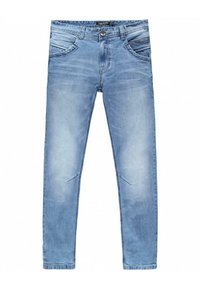 Lichtblauwe slim-fit jeans met voor- en achterzakken, knoop- en ritssluiting, en subtiele vervaging op de dijen en knieën.