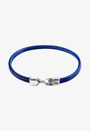 Blue rubber bracelet featuring a silver metal clasp with hexagonal shape, smooth texture, and a simple, round design.