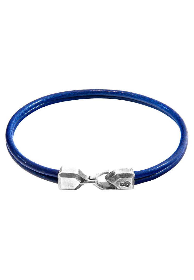 Blue rubber bracelet featuring a silver metal clasp with hexagonal shape, smooth texture, and a simple, round design.