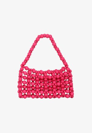 Różowa torebka z koralików o zorganizowanym kształcie, z równomiernie rozmieszczonymi sferycznymi koralikami i zaokrąglonym paskiem.