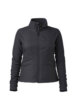 Giacca nera da donna con zip, colletto alto, maniche lunghe e dettagli di design cuciti sul davanti e sui lati.