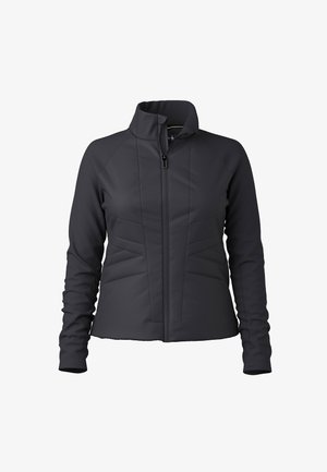 Black women's zip-up jacket with high collar, long sleeves, and stitched design details on front and sides.