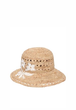 Cappello da sole in paglia naturale intrecciata con tesa larga e motivo floreale ricamato bianco su un lato.