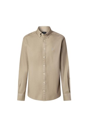 Beige long-sleeve shirt featuring a button-down collar, front buttons, and a small embroidered logo on the left chest. Smooth fabric texture.
