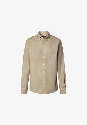 Beige overhemd met lange mouwen, met een button-down kraag, knopen aan de voorkant en een klein geborduurd logo op de linkerborst. Glad stoftextuur.