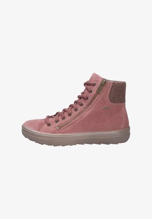 Rose suede high-top shoe with textured ankle collar, metal zipper, and matching laces. Features a rubber sole for traction.