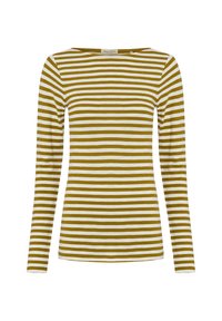 Langärmliges Oberteil mit rundem Ausschnitt, das abwechselnd senfgelbe und weiße horizontale Streifen zeigt und aus weichem Stoff gefertigt ist.