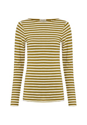 Langärmliges Oberteil mit rundem Ausschnitt, das abwechselnd senfgelbe und weiße horizontale Streifen zeigt und aus weichem Stoff gefertigt ist.