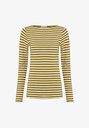Langärmliges Oberteil mit rundem Ausschnitt, das abwechselnd senfgelbe und weiße horizontale Streifen zeigt und aus weichem Stoff gefertigt ist.