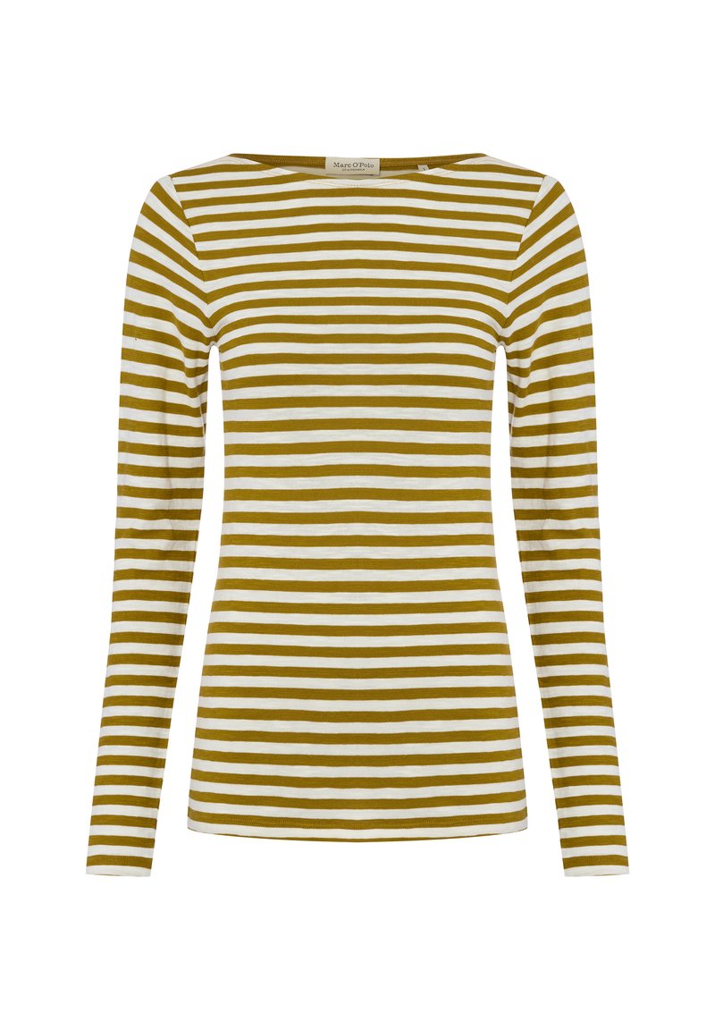 Langärmliges Oberteil mit rundem Ausschnitt, das abwechselnd senfgelbe und weiße horizontale Streifen zeigt und aus weichem Stoff gefertigt ist.