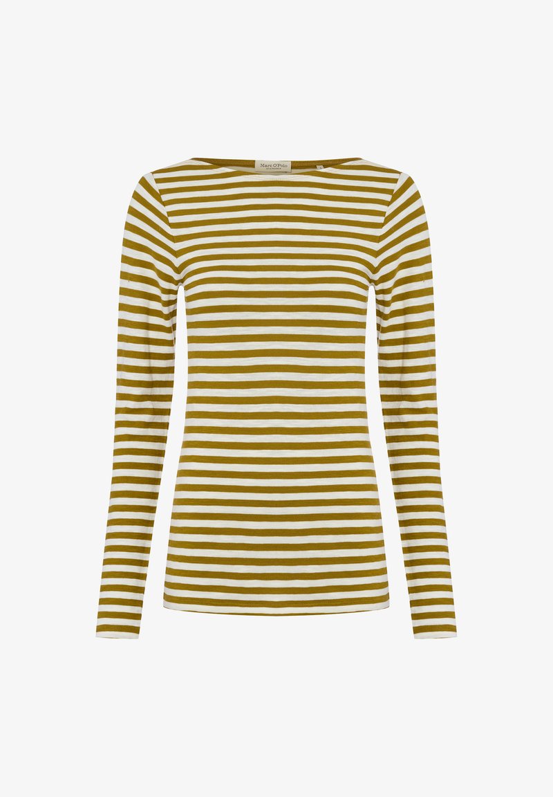 Langärmliges Oberteil mit rundem Ausschnitt, das abwechselnd senfgelbe und weiße horizontale Streifen zeigt und aus weichem Stoff gefertigt ist.