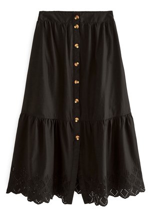 Jupe midi noire avec boutons marron à l'avant, volants froncés et détail d'ourlet festonné en dentelle ajourée.