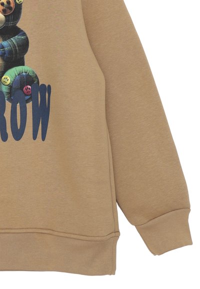 Felpa beige con una grafica di un orso colorato con bottoni, vestibilità over, polsini e orlo a coste, texture morbida.