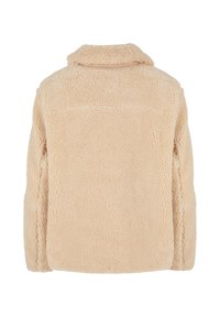 Beige nep-shearling jas met een kraag en een gestructureerd oppervlak. Voorzien van lange mouwen en een relaxte, boxy pasvorm aan de achterkant.