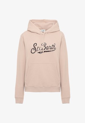 Felpa beige con tasca frontale e coulisse, con la scritta "St. Barth" in stile stampa leopardata sul petto.