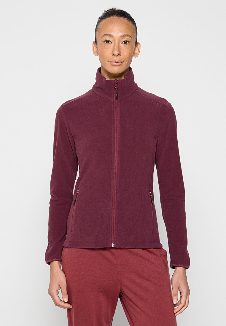 Burgunderfarbene Fleecejacke mit hohem Kragen, durchgehendem Reißverschluss und zwei Seitentaschen. Glatte Textur und taillierte Passform für Wärme und Komfort.