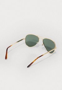 Occhiali da sole aviator dorati con lenti verdi. Tempi in acetato tartarugato. Montatura in metallo leggera con cuscinetti nasali regolabili.