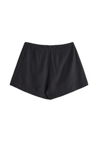 Pantaloni corti neri realizzati in un tessuto morbido con una cintura elastica, caratterizzati da una vestibilità comoda e una superficie liscia. Nessun motivo o decorazione visibile.